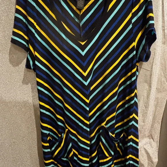 black and yellow striped mini dress Black Striped Polka Dot Print Ruffled Hem V Neck Mini Dress Black / XL / 100%Polyester main image 0